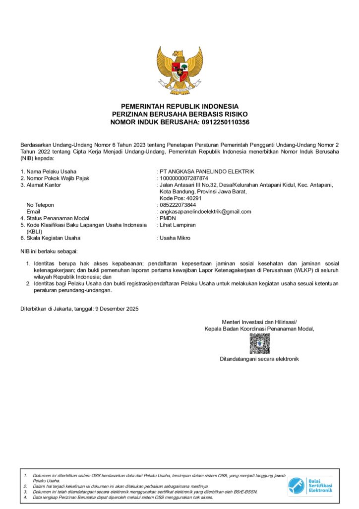 NIB PT ANGKASA PANELINDO ELEKTRIK