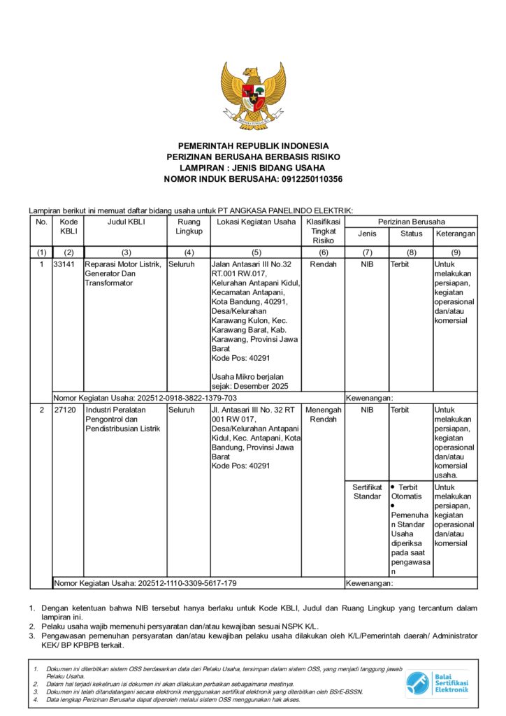 NIB PT ANGKASA PANELINDO ELEKTRIK